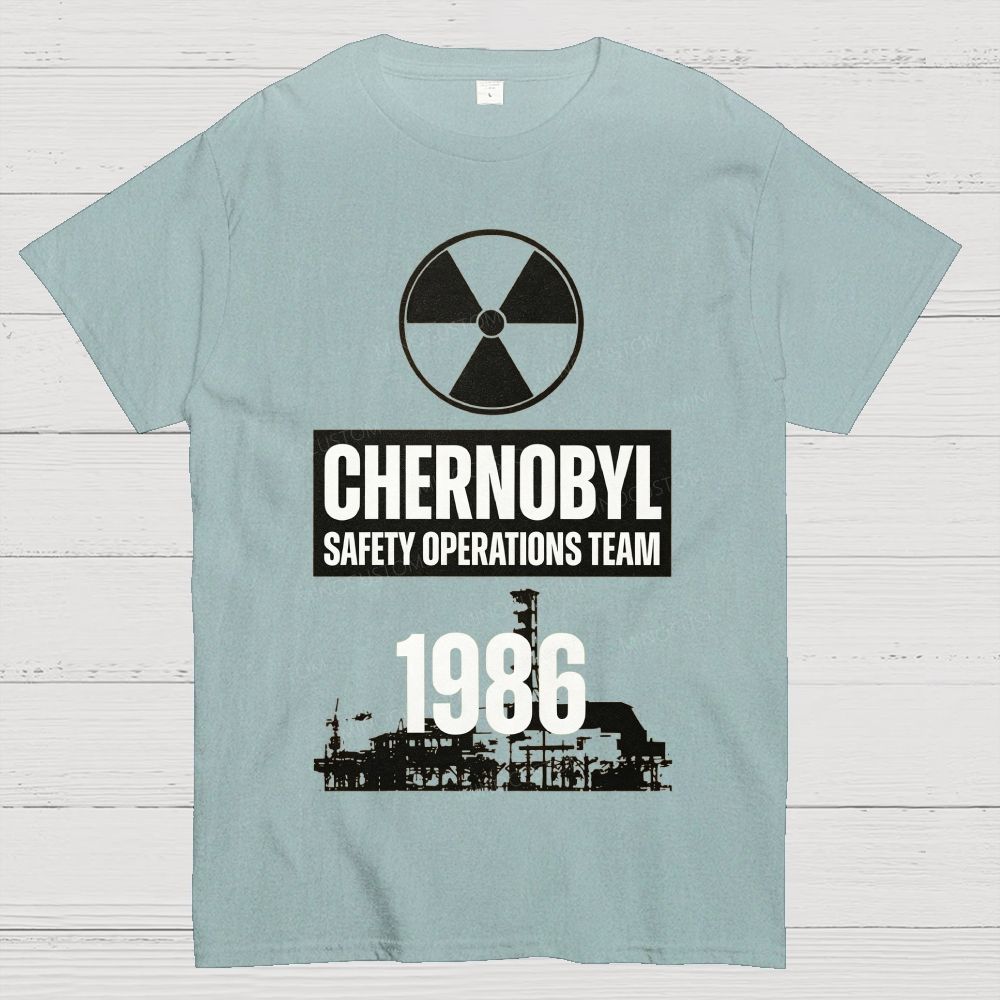 Bold Block Lettering Hazard Icon Industrial Facility Silhouette Cotton T-Shirt