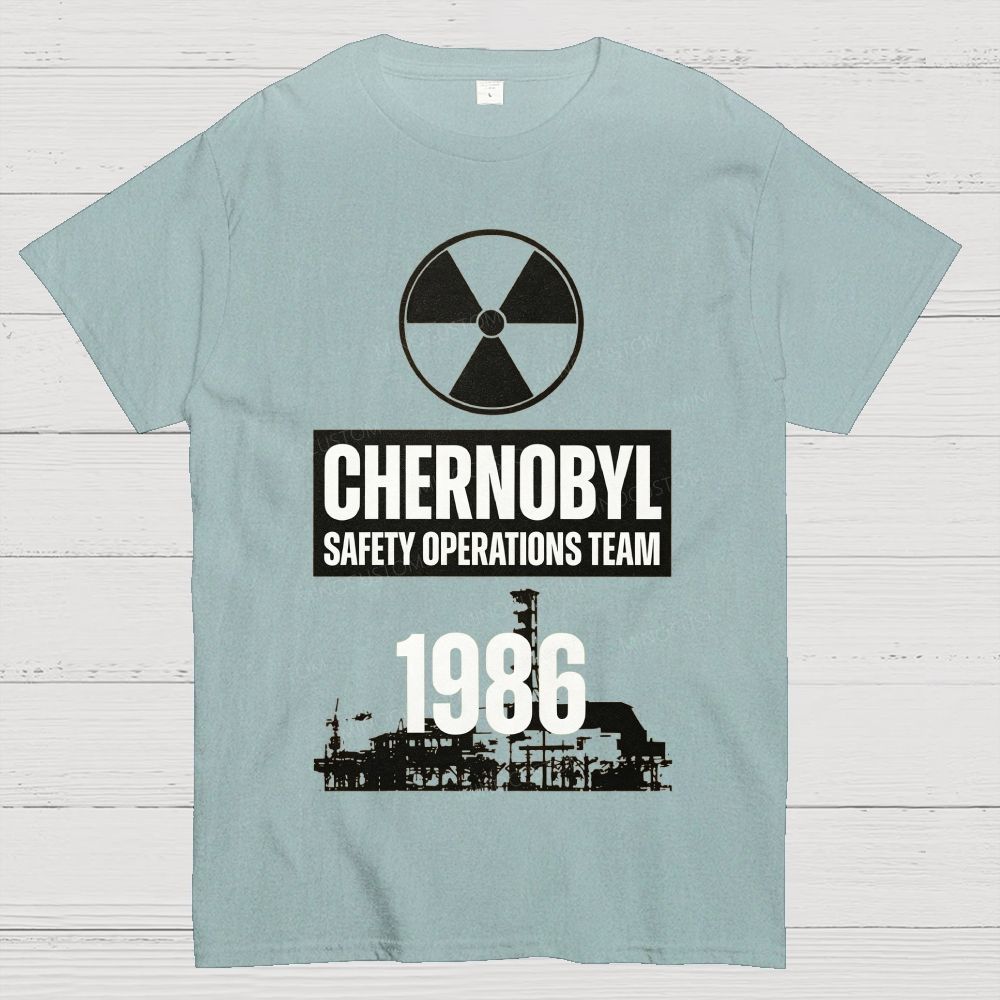 Bold Block Lettering Hazard Icon Industrial Facility Silhouette Cotton T-Shirt