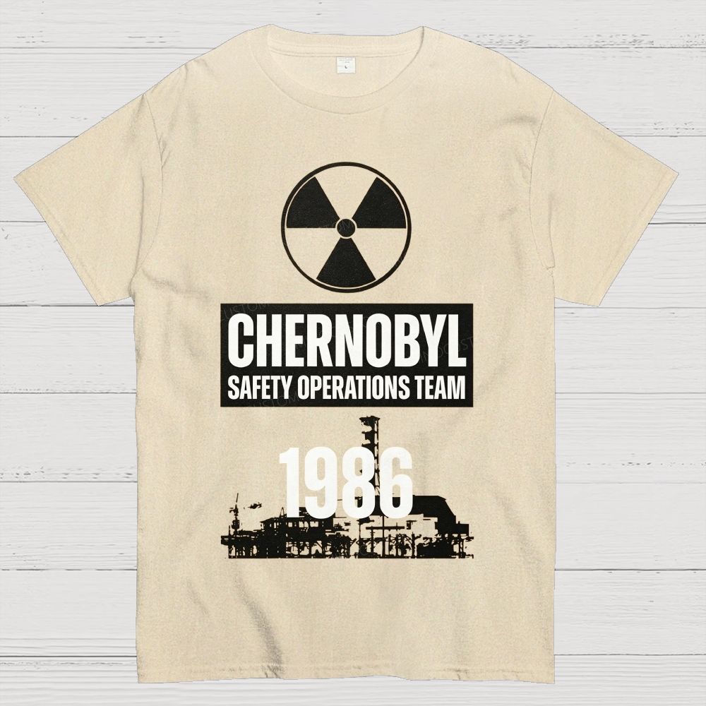 Bold Block Lettering Hazard Icon Industrial Facility Silhouette Cotton T-Shirt