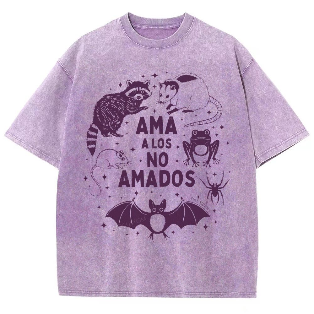 Mystical Night Creatures Raccoon Bat Frog Opossum Spider Unisex Fit Washed T-Shirt