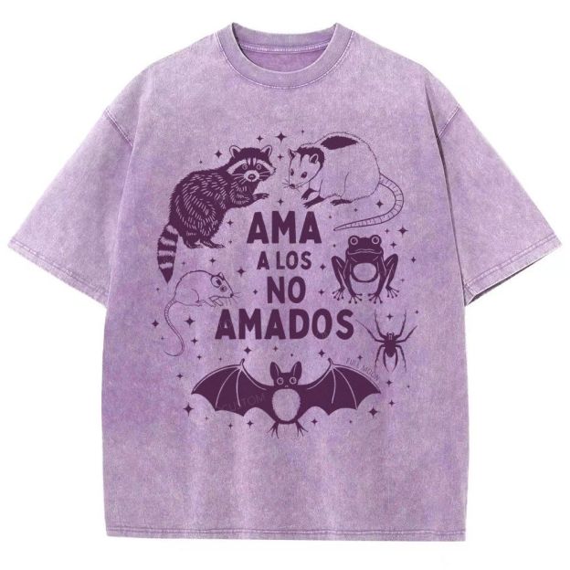 Mystical Night Creatures Raccoon Bat Frog Opossum Spider Unisex Fit Washed T-Shirt