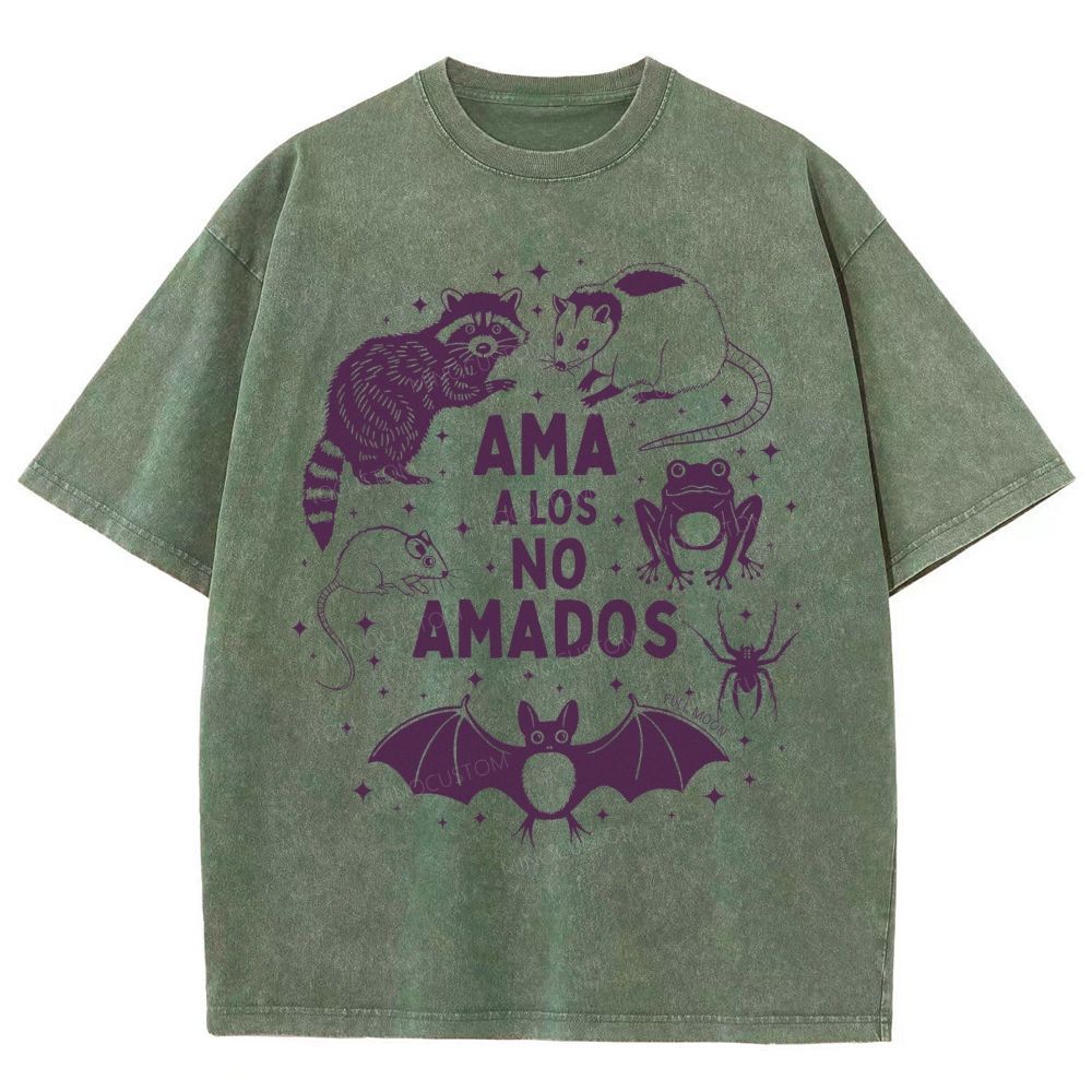 Mystical Night Creatures Raccoon Bat Frog Opossum Spider Unisex Fit Washed T-Shirt