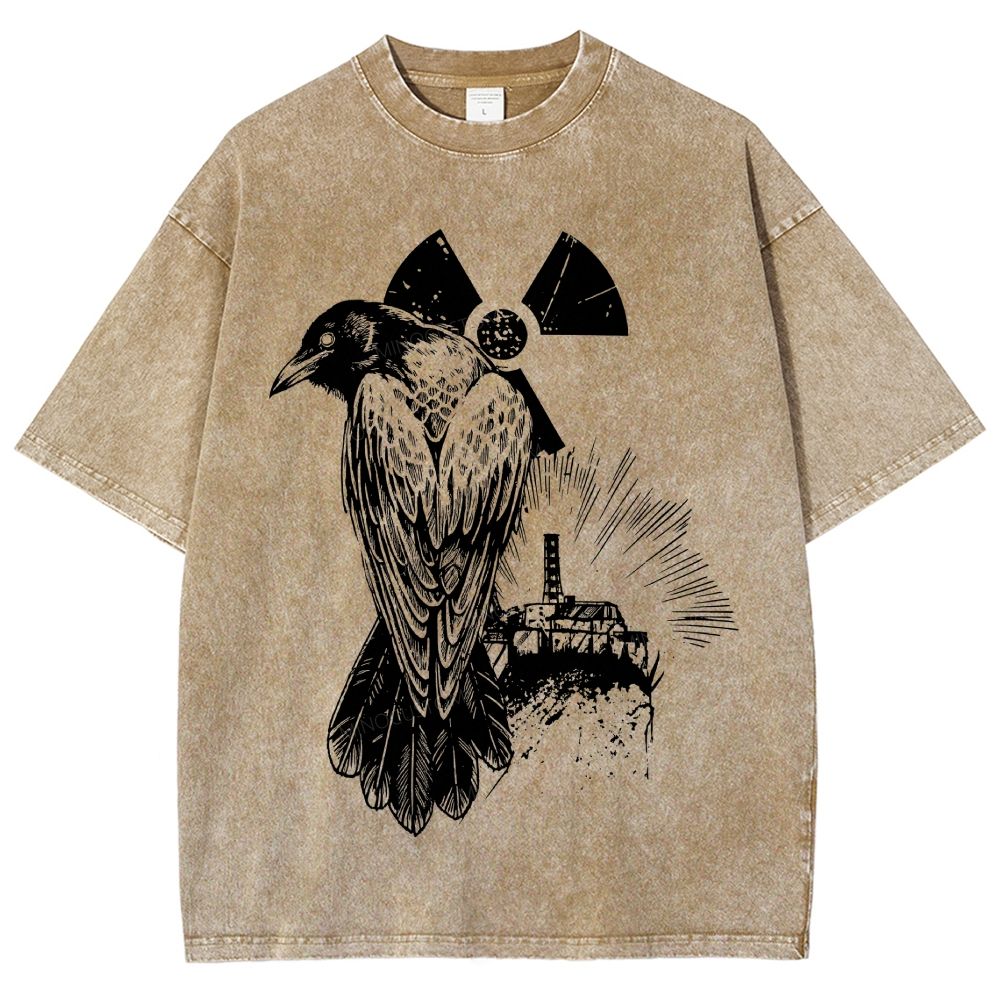 Engraved Raven Radiation Sign Abandoned Industrial Plant Dark Unisex Fit Washed T-Shirt