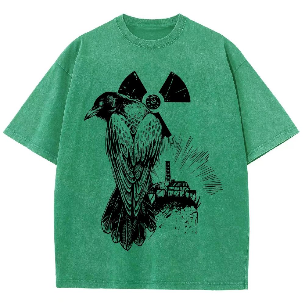 Engraved Raven Radiation Sign Abandoned Industrial Plant Dark Unisex Fit Washed T-Shirt