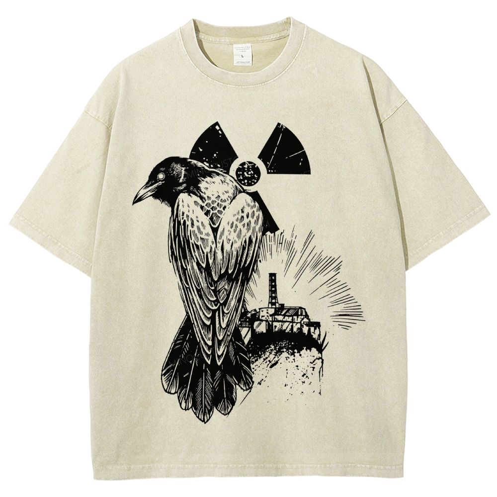 Engraved Raven Radiation Sign Abandoned Industrial Plant Dark Unisex Fit Washed T-Shirt