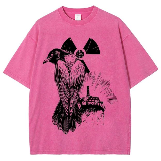 Engraved Raven Radiation Sign Abandoned Industrial Plant Dark Unisex Fit Washed T-Shirt