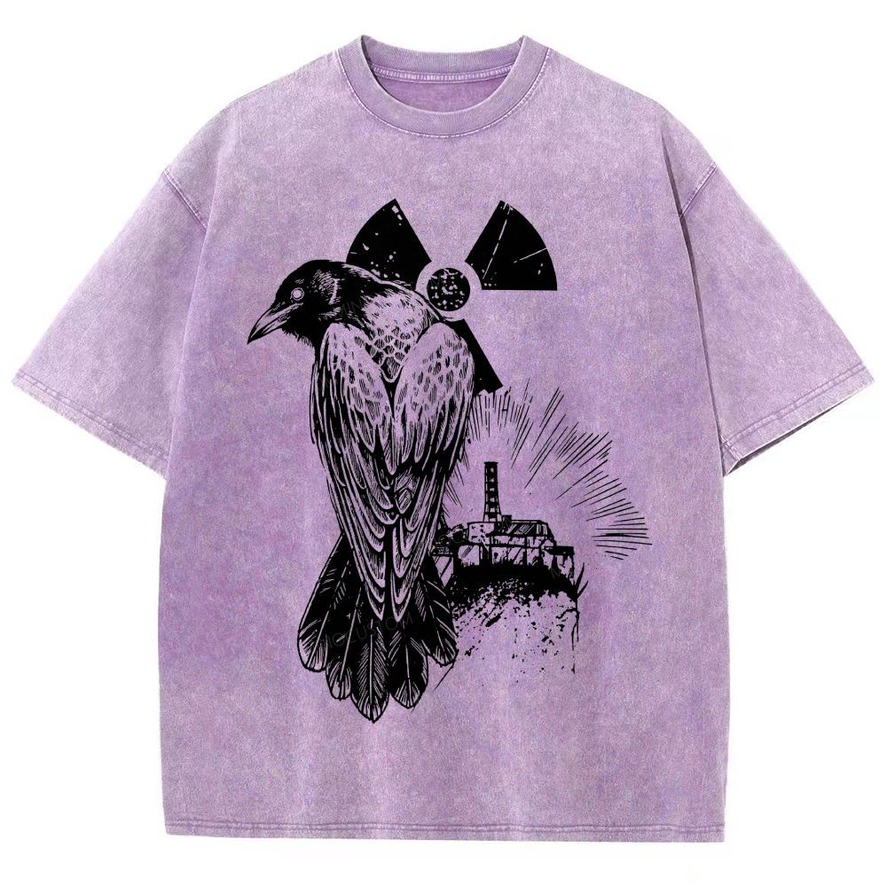 Engraved Raven Radiation Sign Abandoned Industrial Plant Dark Unisex Fit Washed T-Shirt