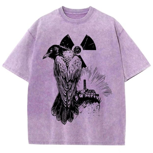 Engraved Raven Radiation Sign Abandoned Industrial Plant Dark Unisex Fit Washed T-Shirt