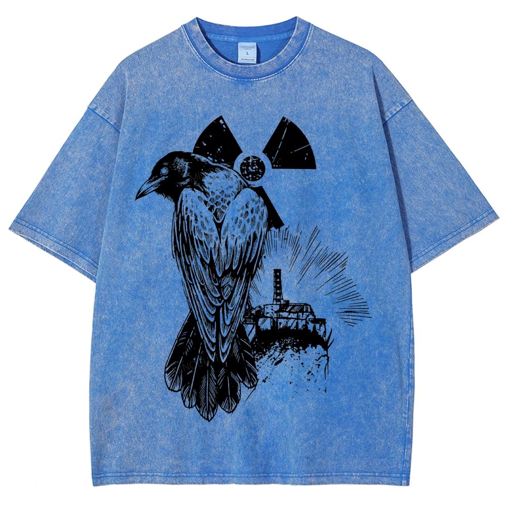 Engraved Raven Radiation Sign Abandoned Industrial Plant Dark Unisex Fit Washed T-Shirt