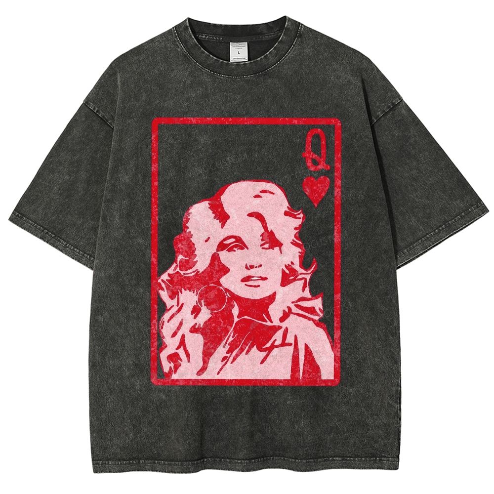 Vintage Playing Card Frame Retro Curly Haired Woman Unisex Fit Washed T-Shirt