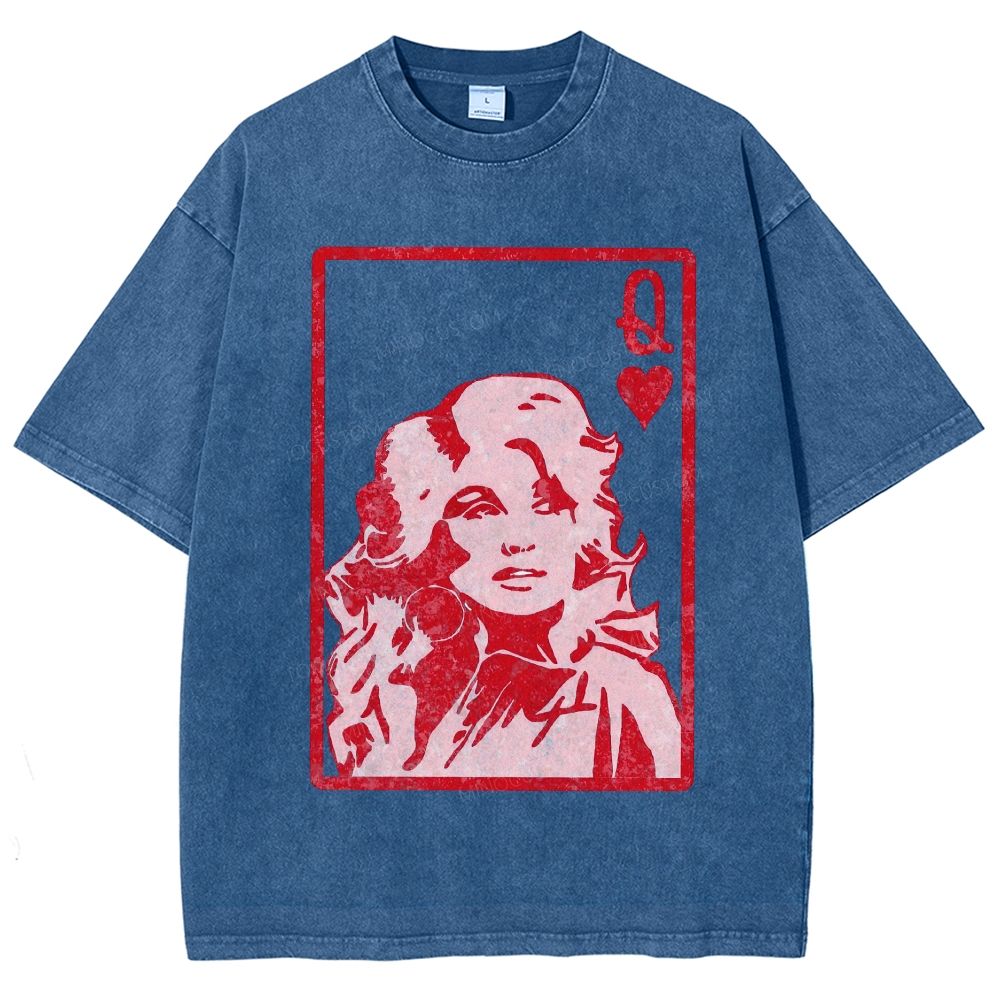 Vintage Playing Card Frame Retro Curly Haired Woman Unisex Fit Washed T-Shirt