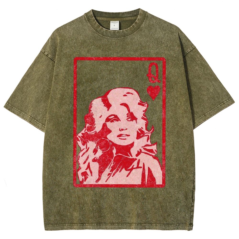 Vintage Playing Card Frame Retro Curly Haired Woman Unisex Fit Washed T-Shirt
