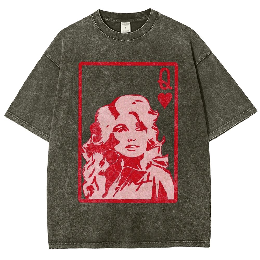 Vintage Playing Card Frame Retro Curly Haired Woman Unisex Fit Washed T-Shirt