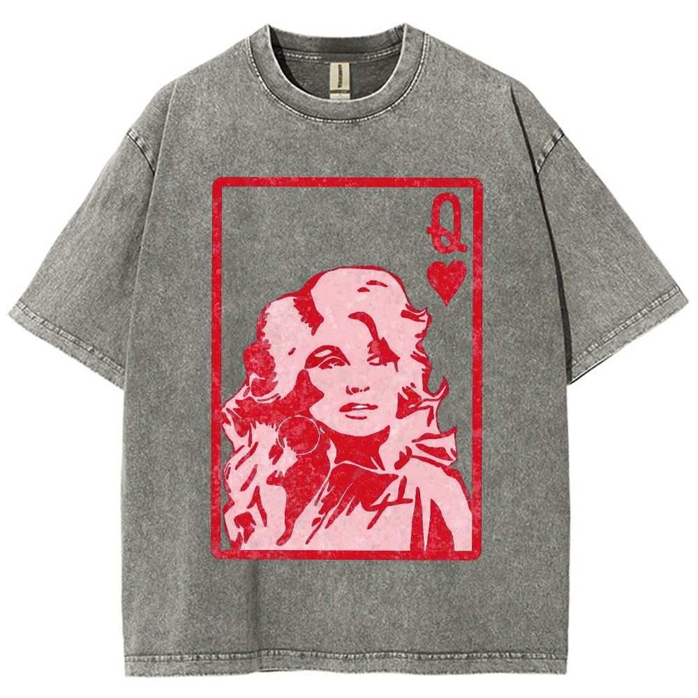 Vintage Playing Card Frame Retro Curly Haired Woman Unisex Fit Washed T-Shirt