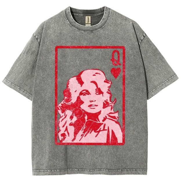 Vintage Playing Card Frame Retro Curly Haired Woman Unisex Fit Washed T-Shirt