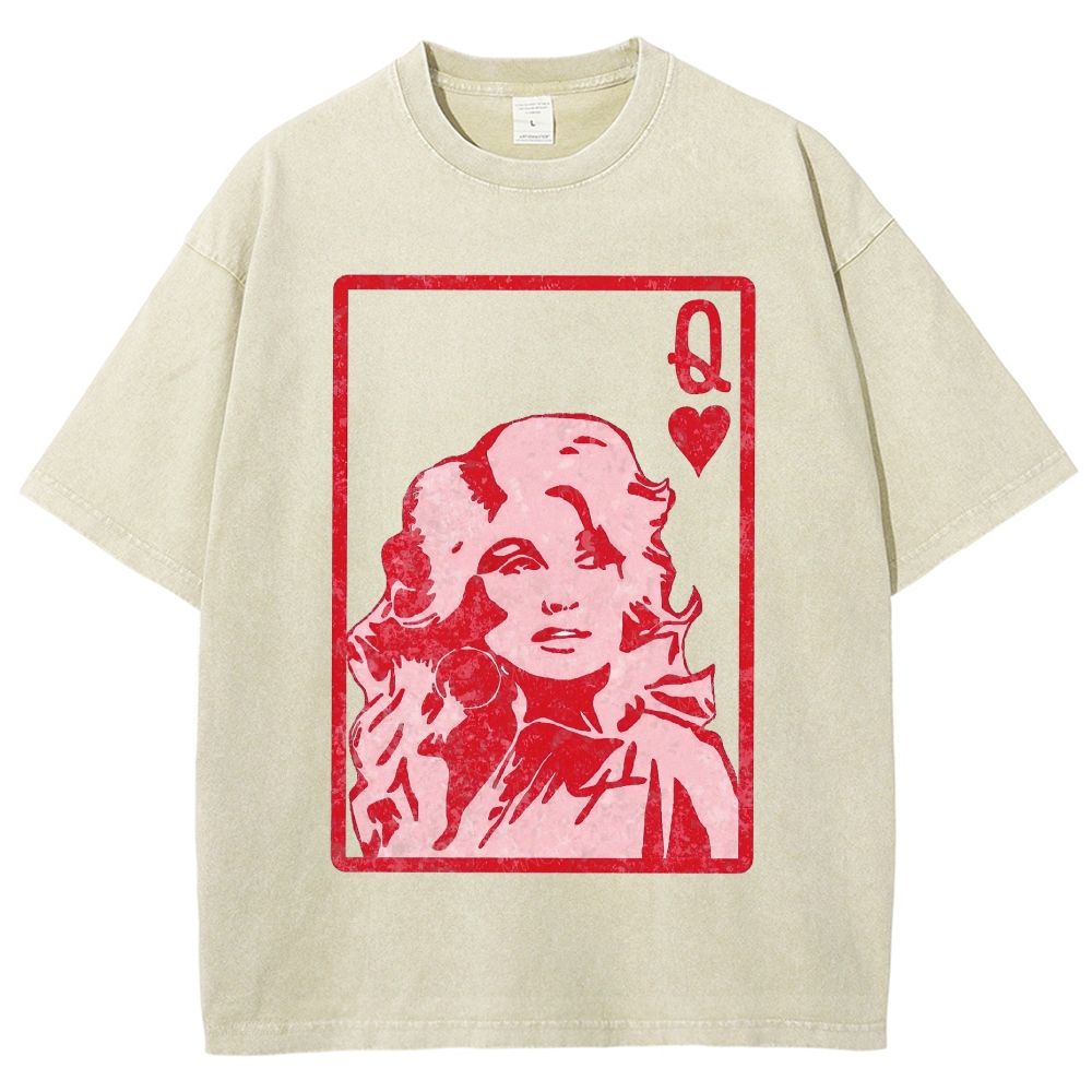 Vintage Playing Card Frame Retro Curly Haired Woman Unisex Fit Washed T-Shirt