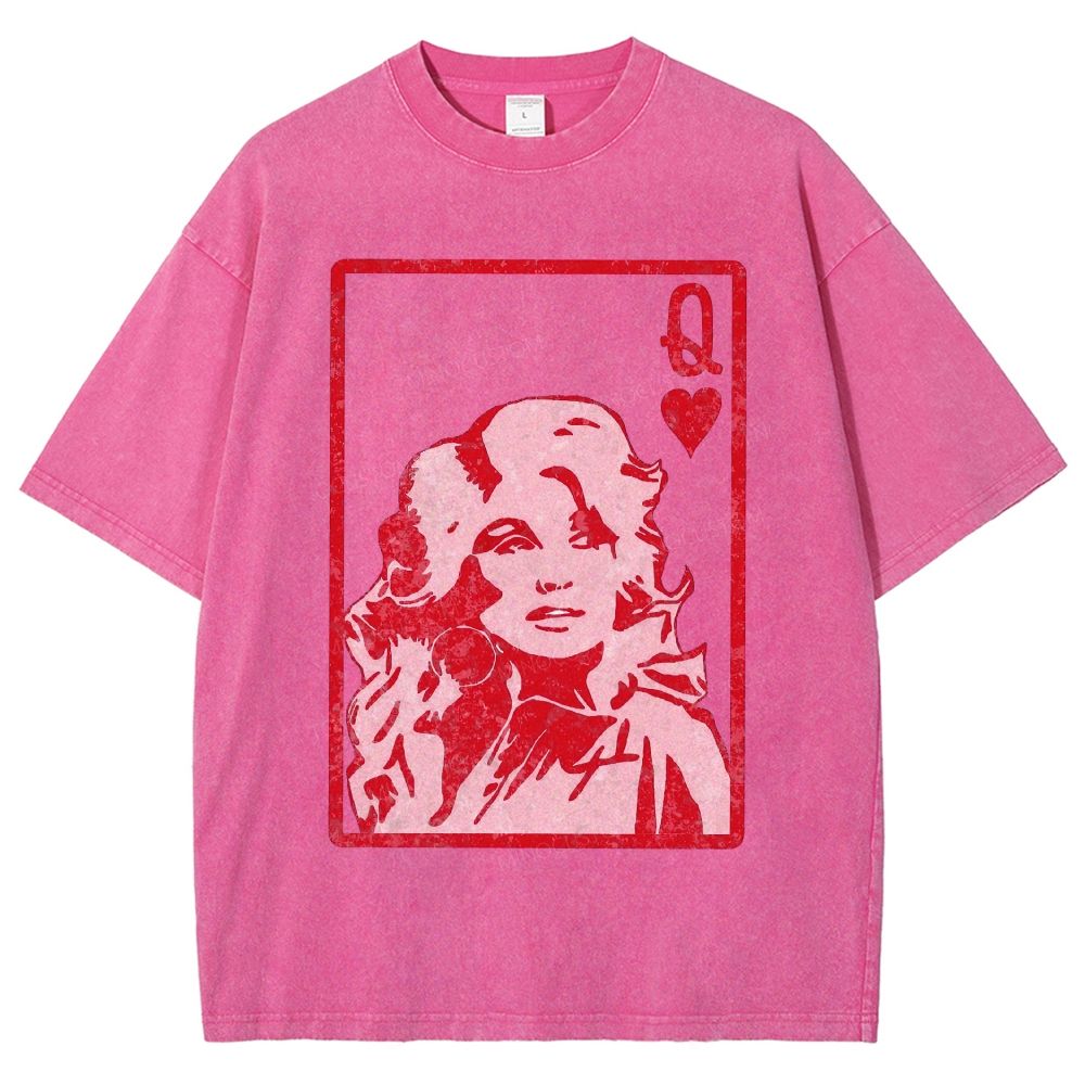 Vintage Playing Card Frame Retro Curly Haired Woman Unisex Fit Washed T-Shirt