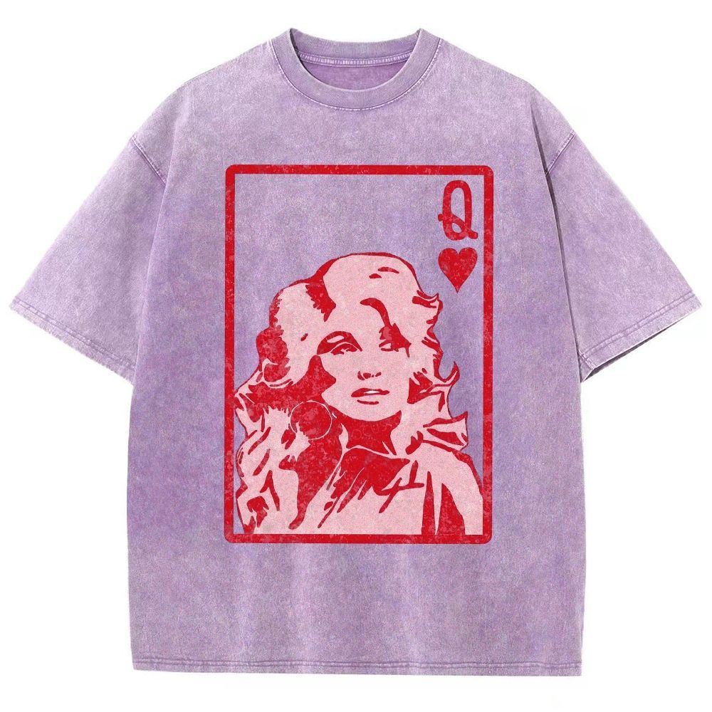 Vintage Playing Card Frame Retro Curly Haired Woman Unisex Fit Washed T-Shirt