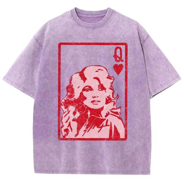 Vintage Playing Card Frame Retro Curly Haired Woman Unisex Fit Washed T-Shirt