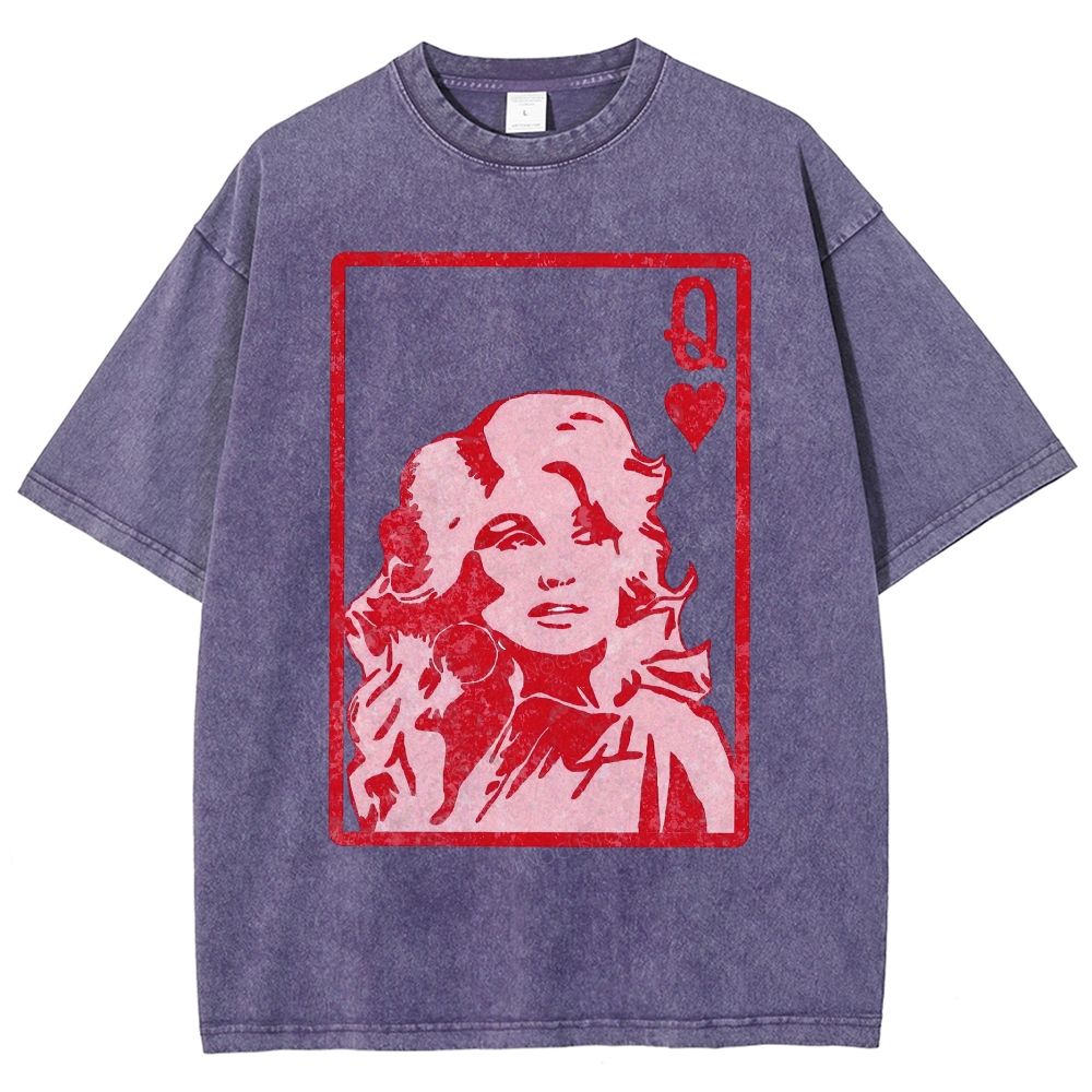 Vintage Playing Card Frame Retro Curly Haired Woman Unisex Fit Washed T-Shirt