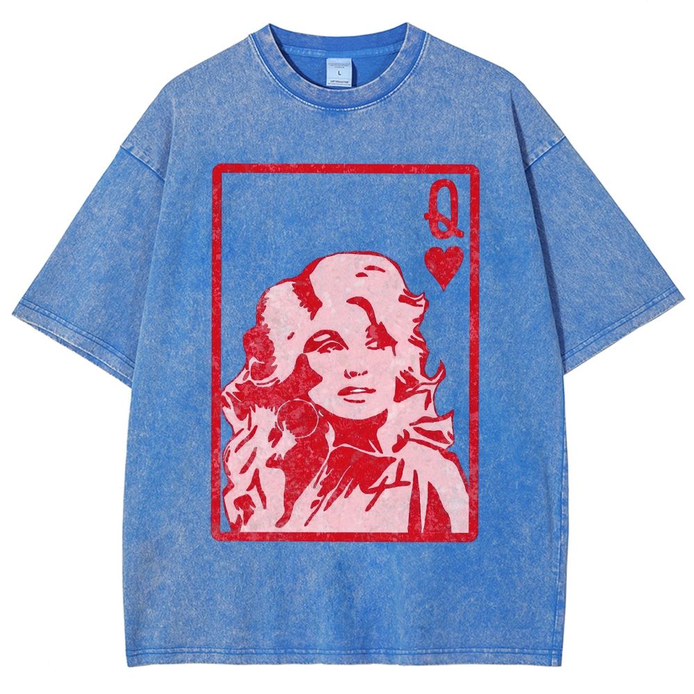 Vintage Playing Card Frame Retro Curly Haired Woman Unisex Fit Washed T-Shirt