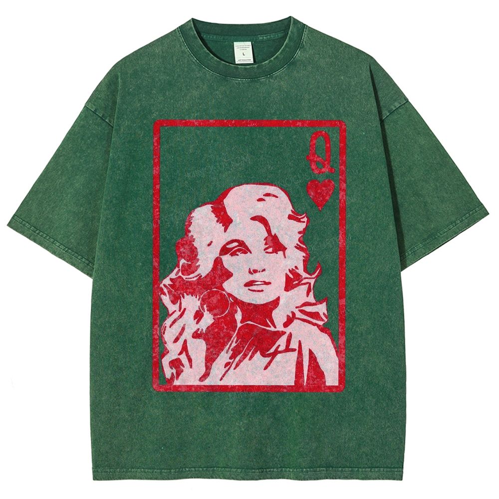 Vintage Playing Card Frame Retro Curly Haired Woman Unisex Fit Washed T-Shirt