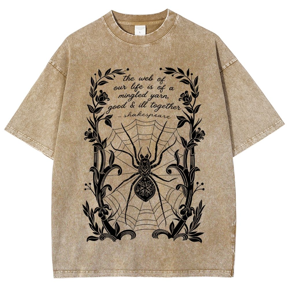 Ornate Floral Vine Frame Spider Web Unisex Fit Washed T-Shirt