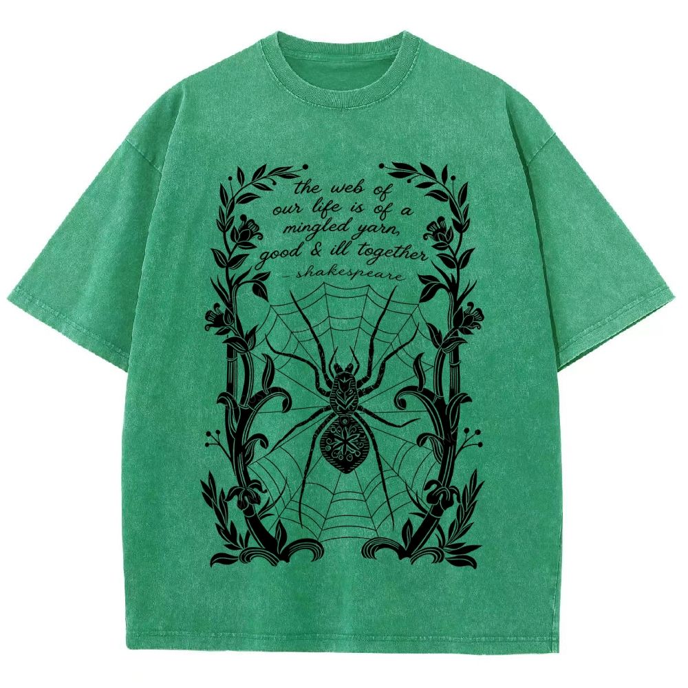 Ornate Floral Vine Frame Spider Web Unisex Fit Washed T-Shirt