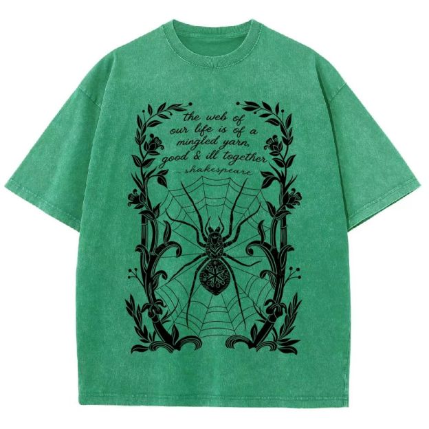 Ornate Floral Vine Frame Spider Web Unisex Fit Washed T-Shirt