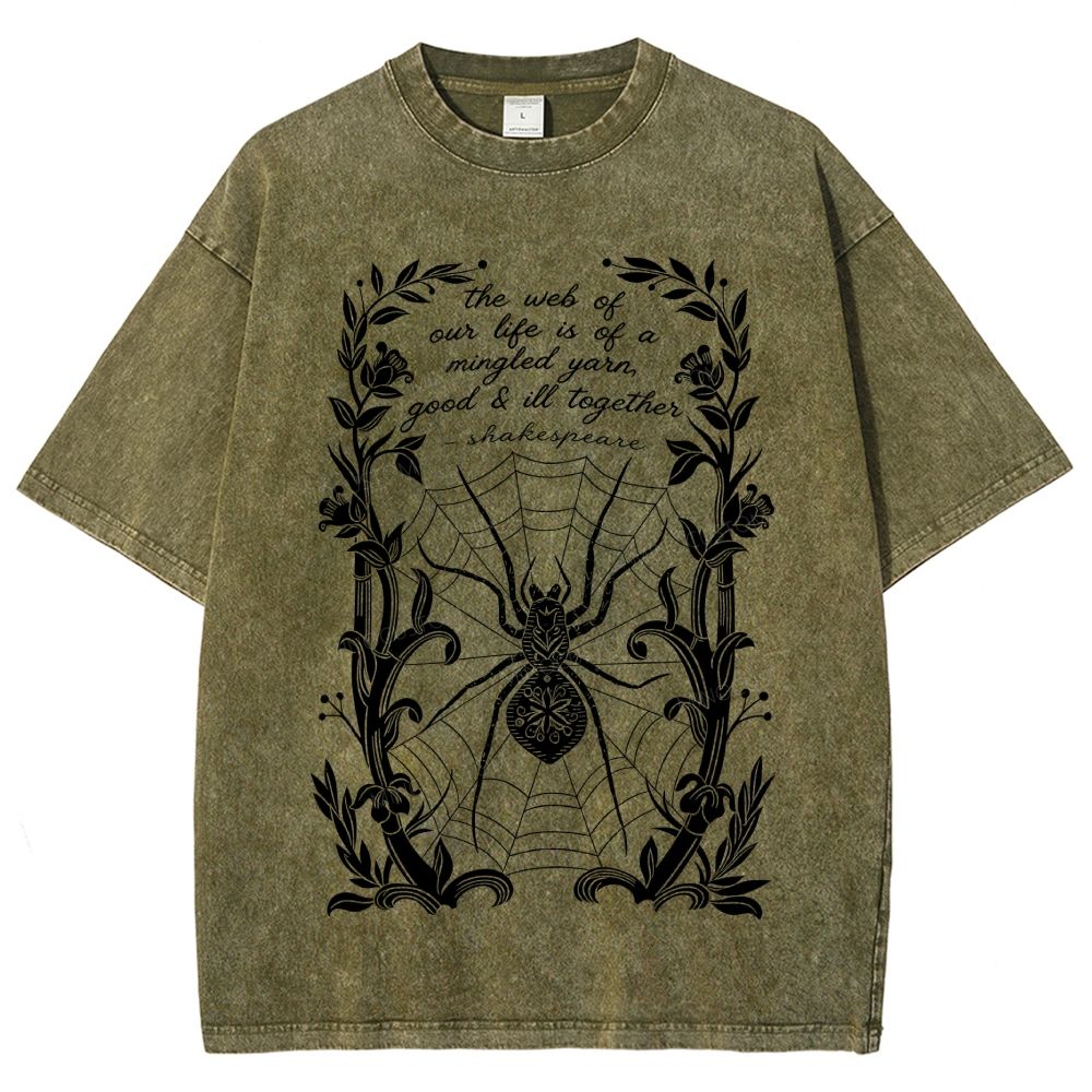 Ornate Floral Vine Frame Spider Web Unisex Fit Washed T-Shirt