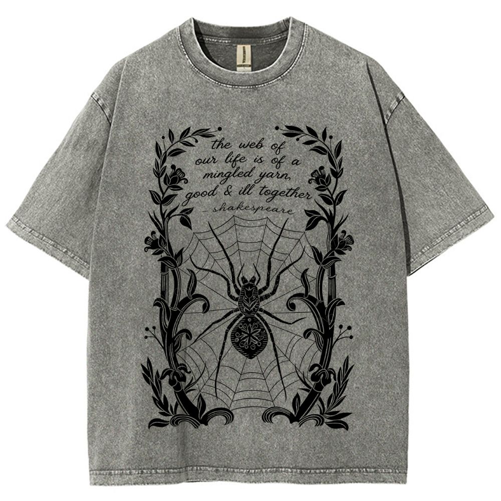 Ornate Floral Vine Frame Spider Web Unisex Fit Washed T-Shirt