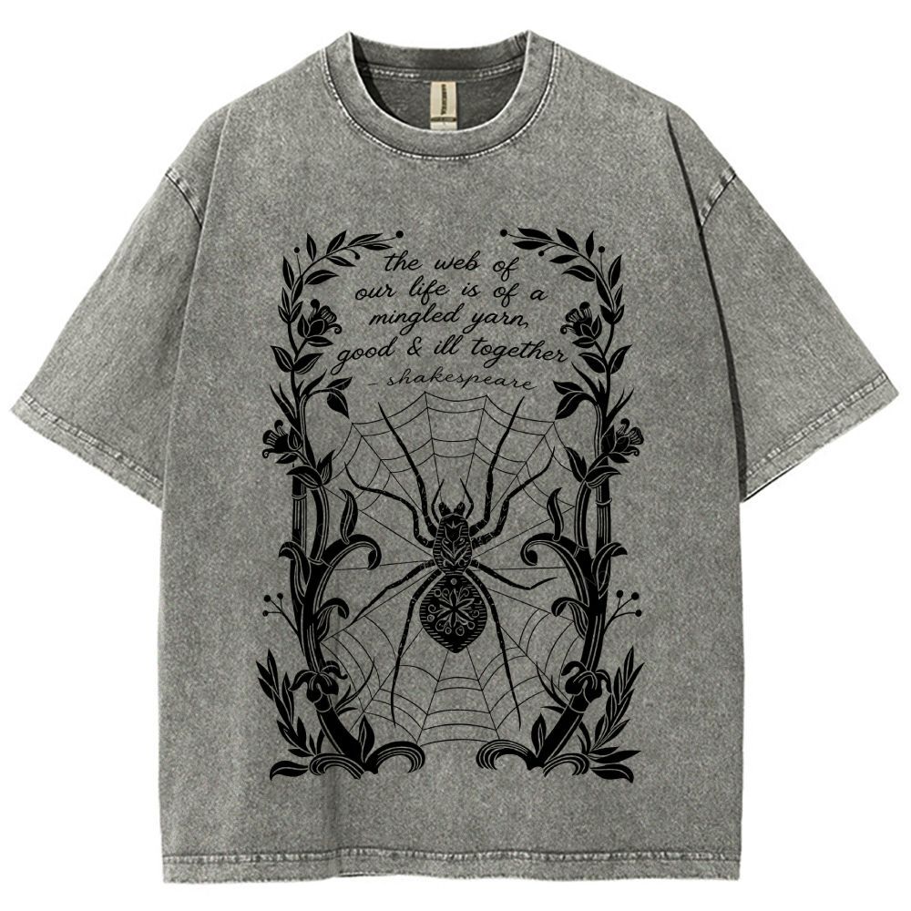 Ornate Floral Vine Frame Spider Web Unisex Fit Washed T-Shirt