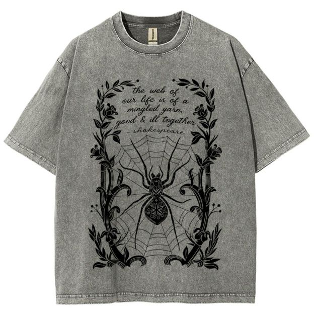 Ornate Floral Vine Frame Spider Web Unisex Fit Washed T-Shirt
