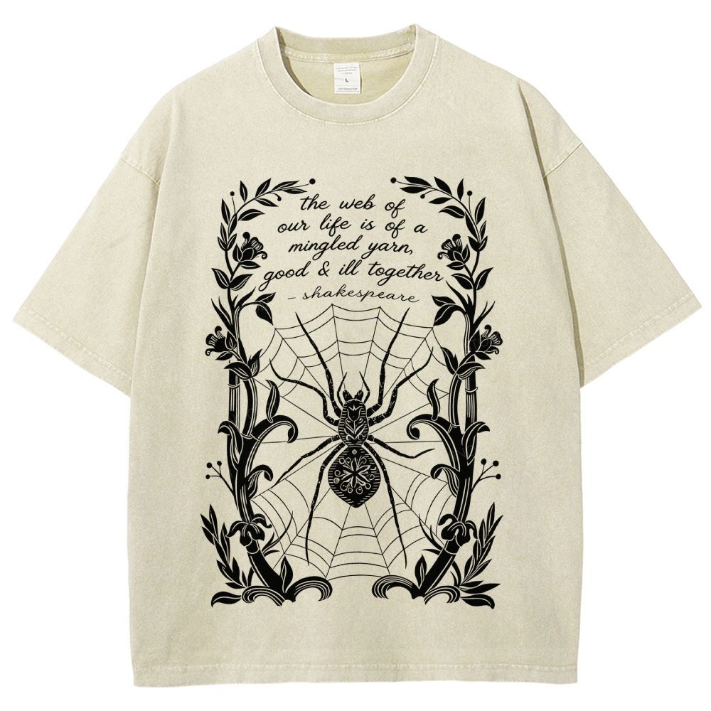 Ornate Floral Vine Frame Spider Web Unisex Fit Washed T-Shirt