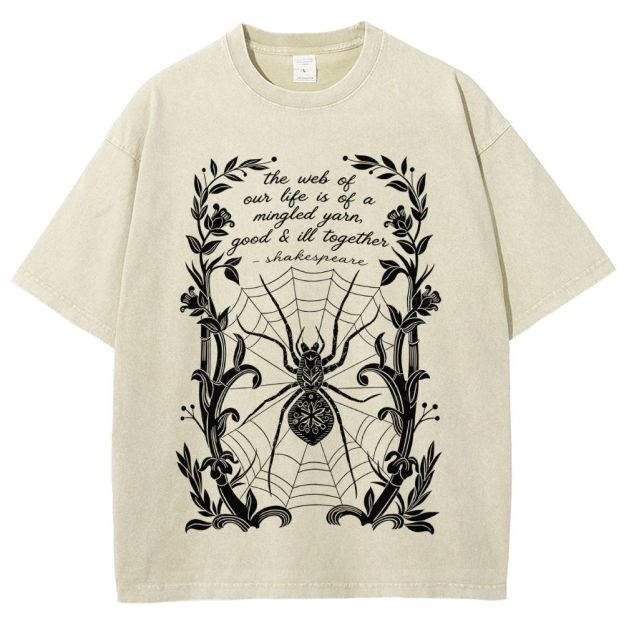 Ornate Floral Vine Frame Spider Web Unisex Fit Washed T-Shirt