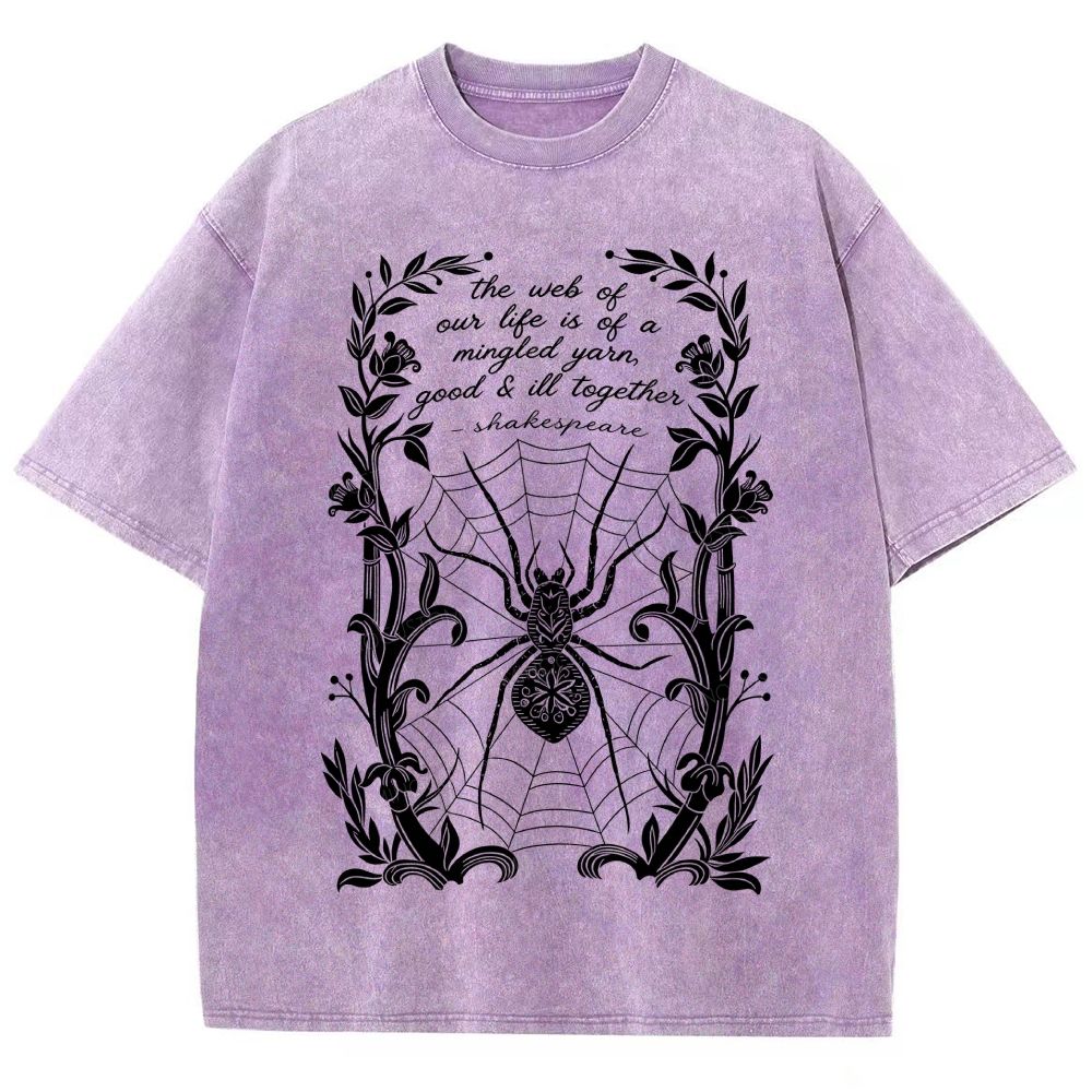 Ornate Floral Vine Frame Spider Web Unisex Fit Washed T-Shirt