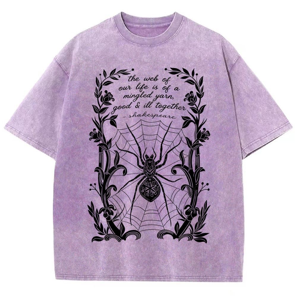 Ornate Floral Vine Frame Spider Web Unisex Fit Washed T-Shirt