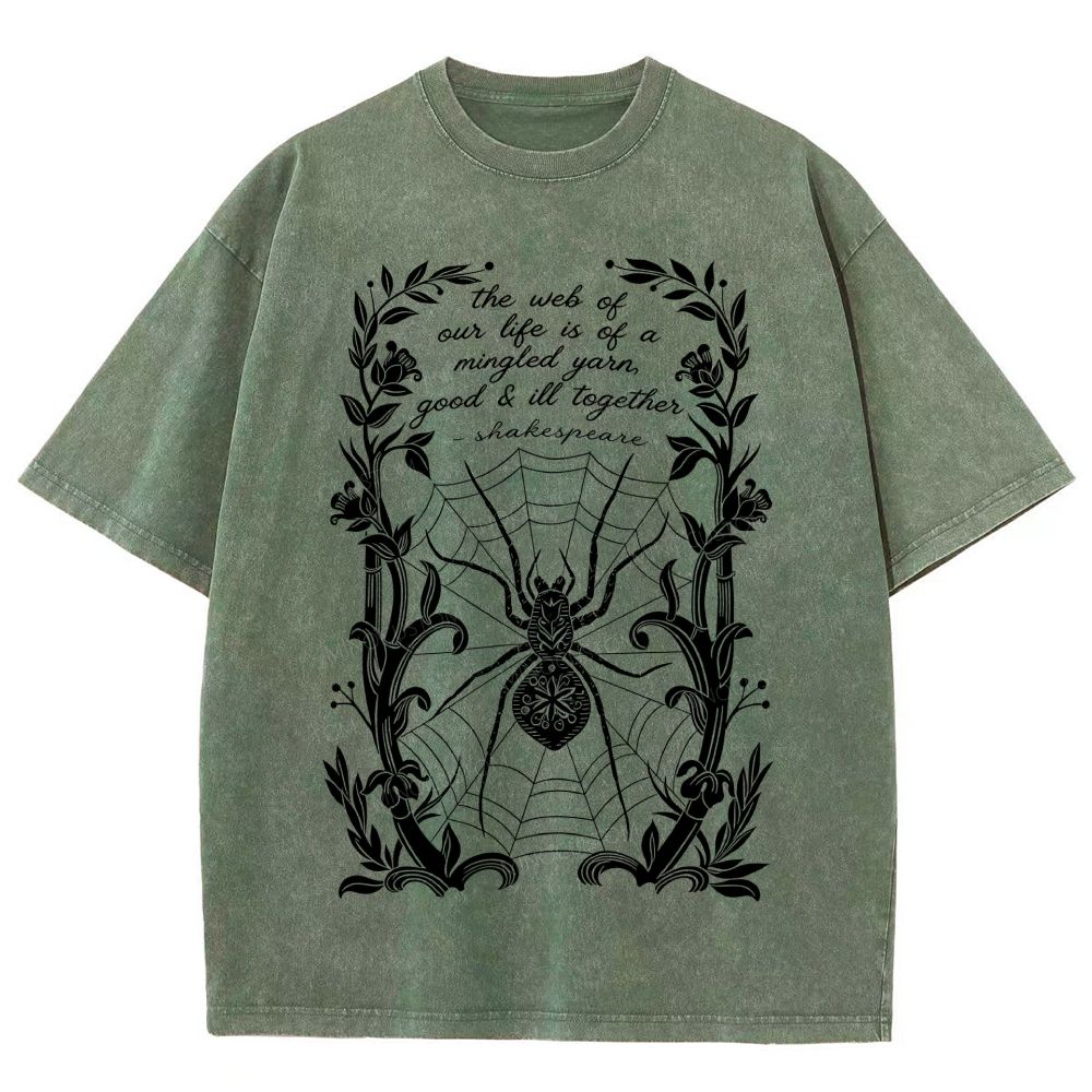 Ornate Floral Vine Frame Spider Web Unisex Fit Washed T-Shirt