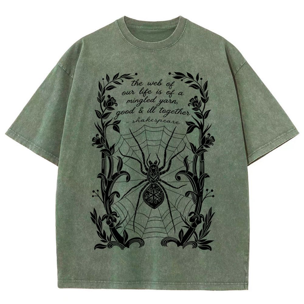Ornate Floral Vine Frame Spider Web Unisex Fit Washed T-Shirt