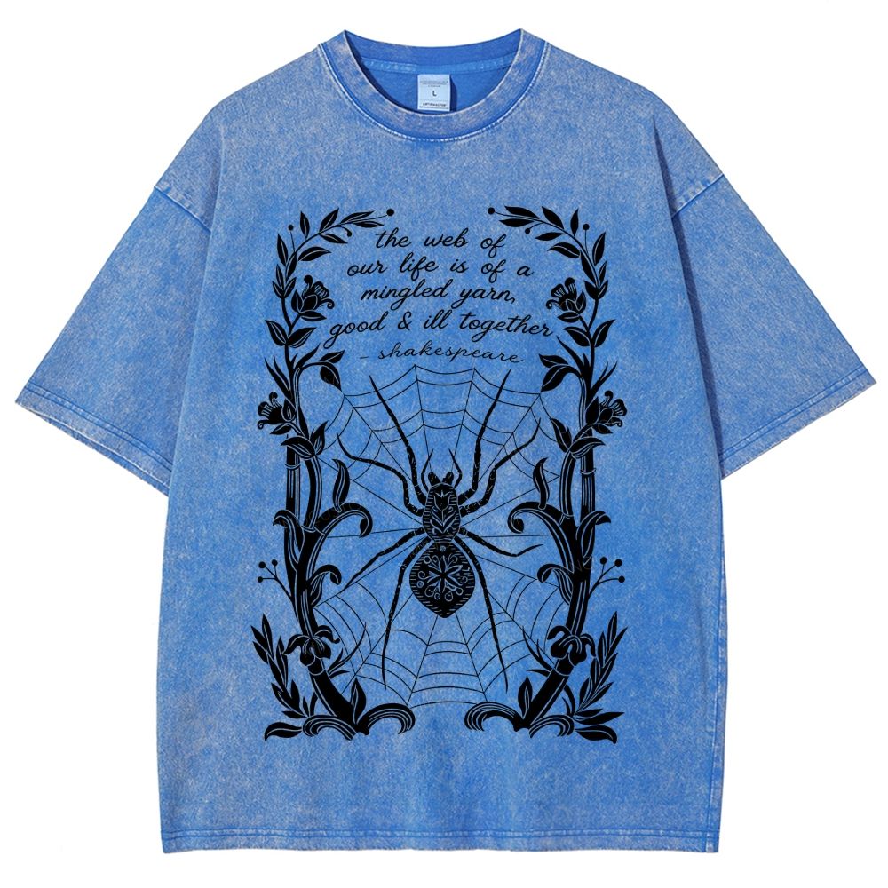 Ornate Floral Vine Frame Spider Web Unisex Fit Washed T-Shirt