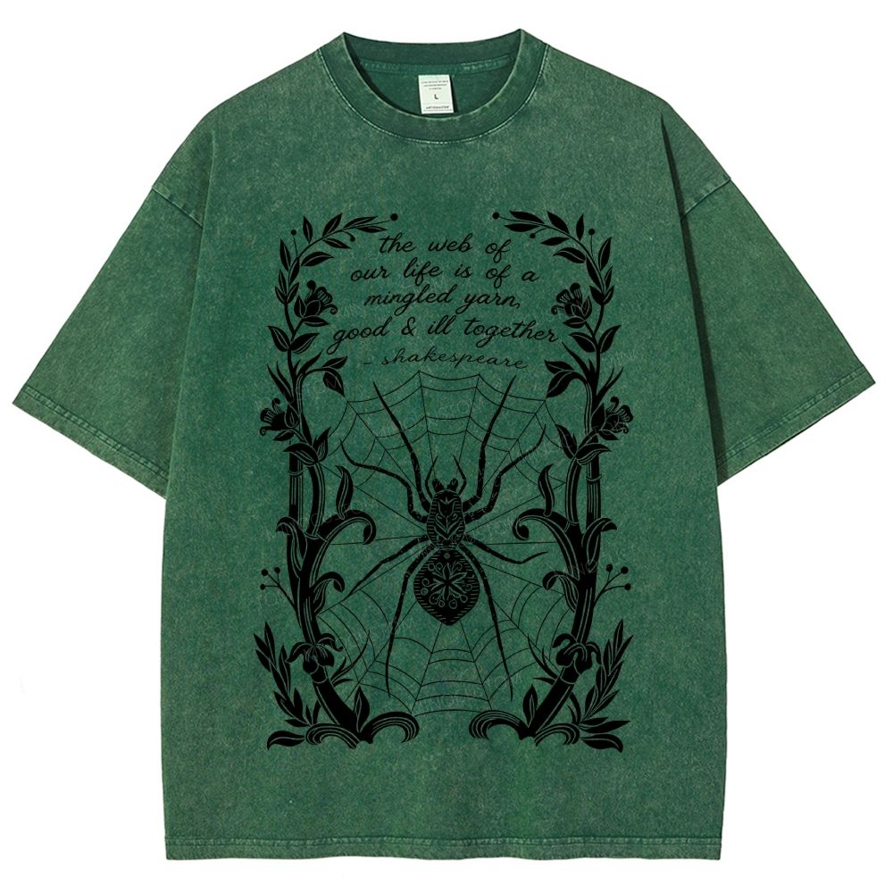 Ornate Floral Vine Frame Spider Web Unisex Fit Washed T-Shirt
