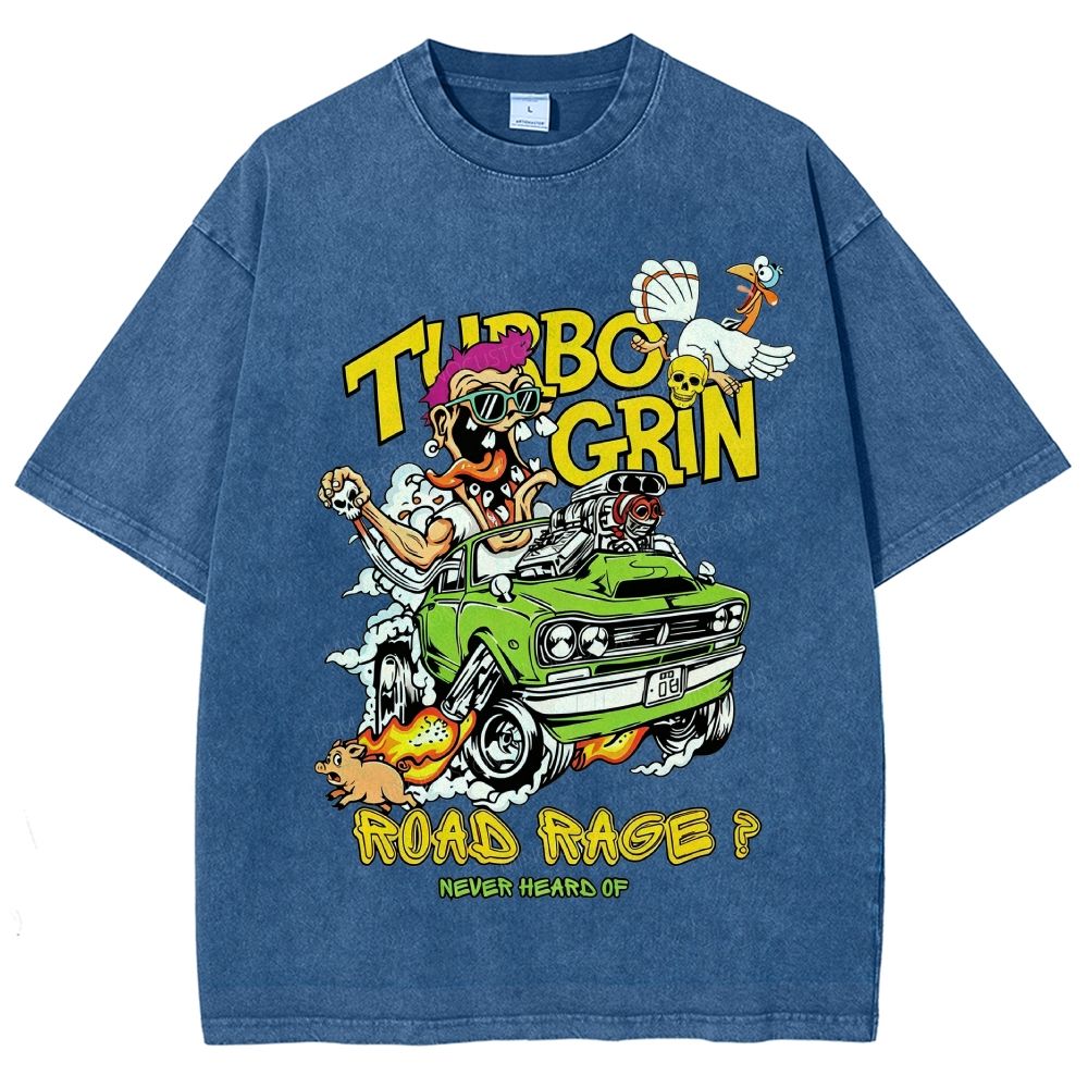 Wild Cartoon Driver Turbo Charged Muscle Car Funny Farm Unisex Fit Washed T-Shirt