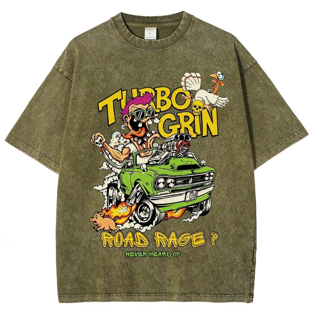 Wild Cartoon Driver Turbo Charged Muscle Car Funny Farm Unisex Fit Washed T-Shirt