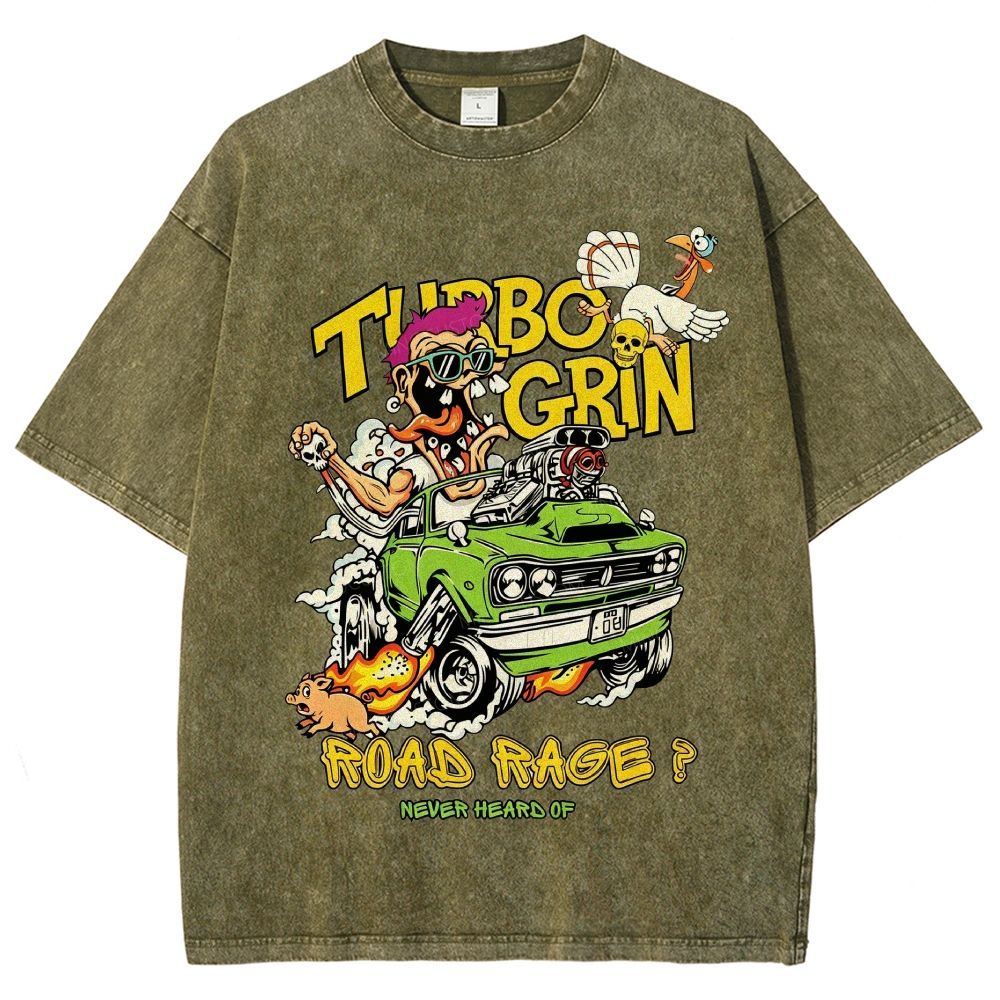 Wild Cartoon Driver Turbo Charged Muscle Car Funny Farm Unisex Fit Washed T-Shirt