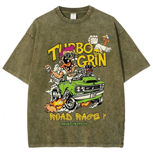 Wild Cartoon Driver Turbo Charged Muscle Car Funny Farm Unisex Fit Washed T-Shirt