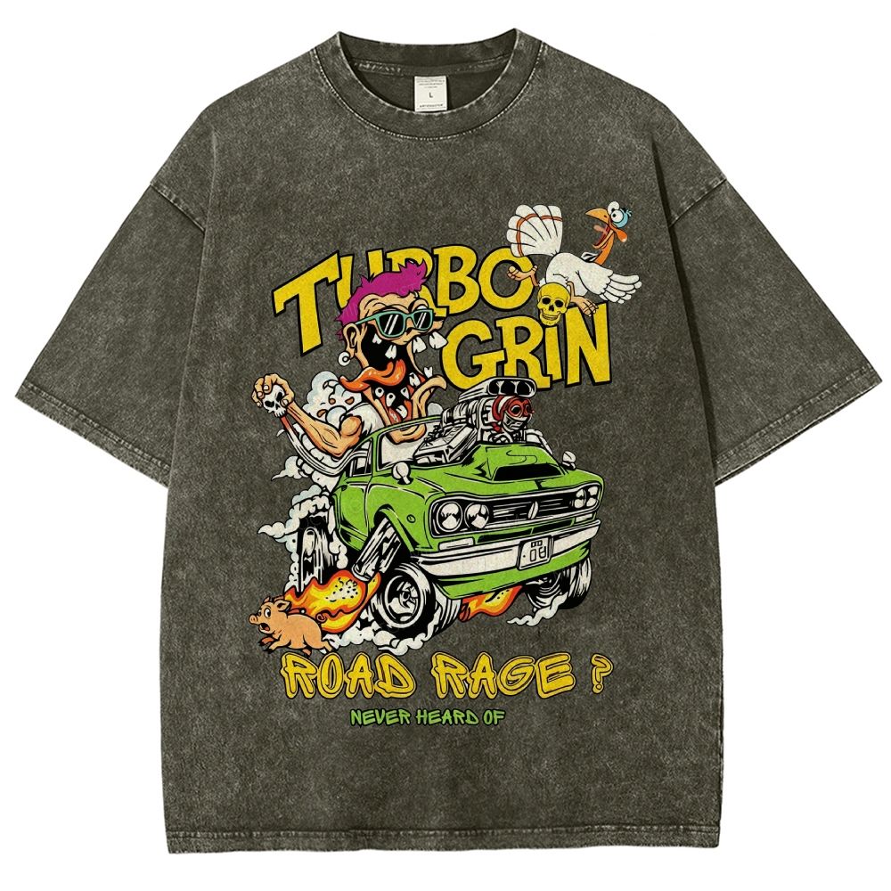 Wild Cartoon Driver Turbo Charged Muscle Car Funny Farm Unisex Fit Washed T-Shirt