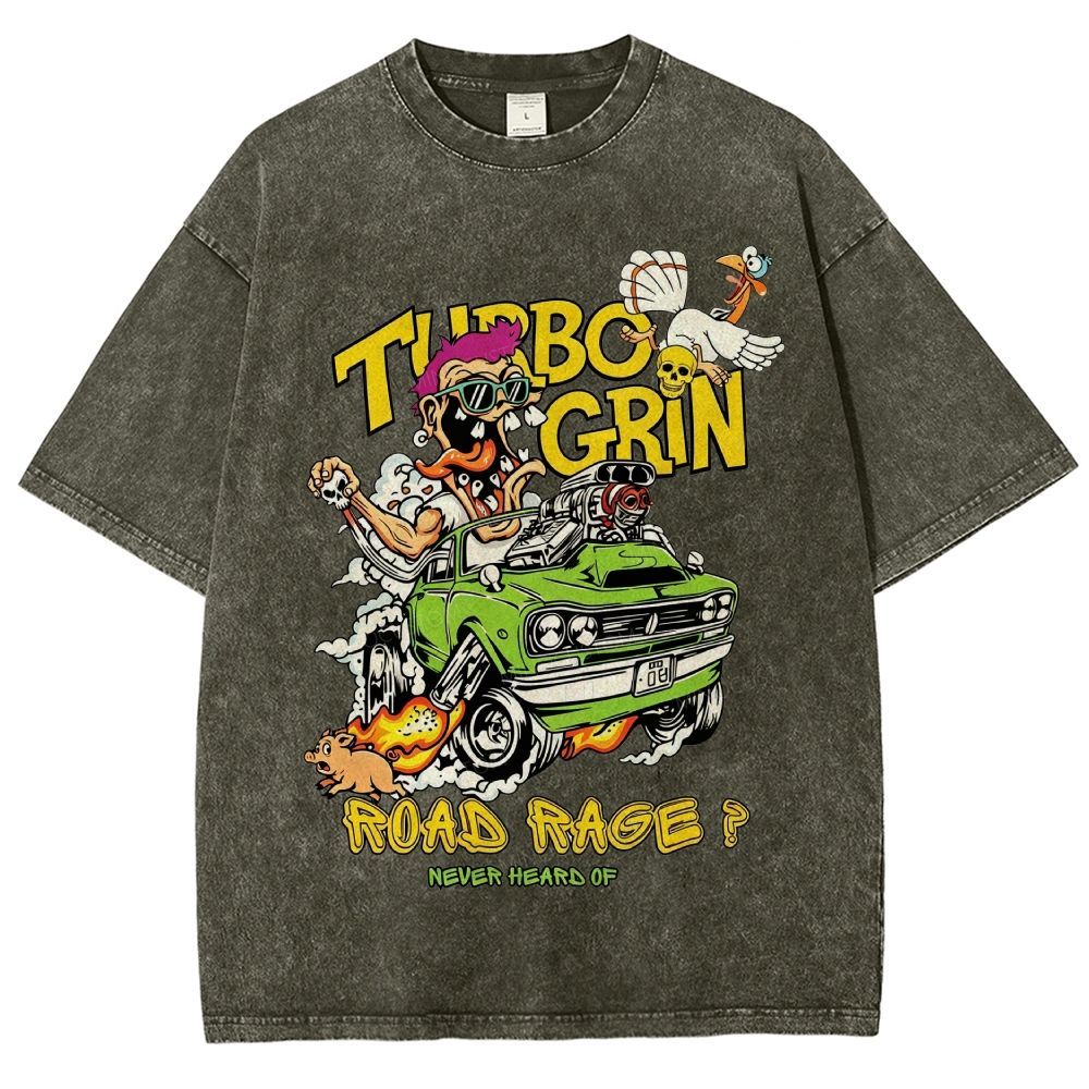 Wild Cartoon Driver Turbo Charged Muscle Car Funny Farm Unisex Fit Washed T-Shirt