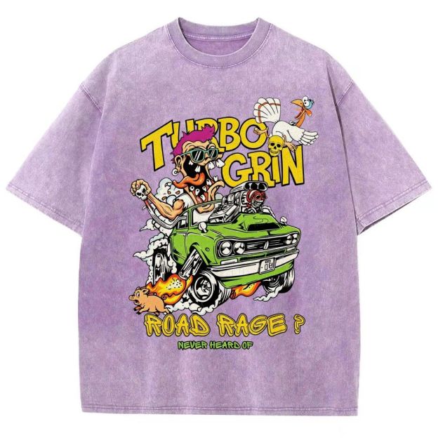 Wild Cartoon Driver Turbo Charged Muscle Car Funny Farm Unisex Fit Washed T-Shirt
