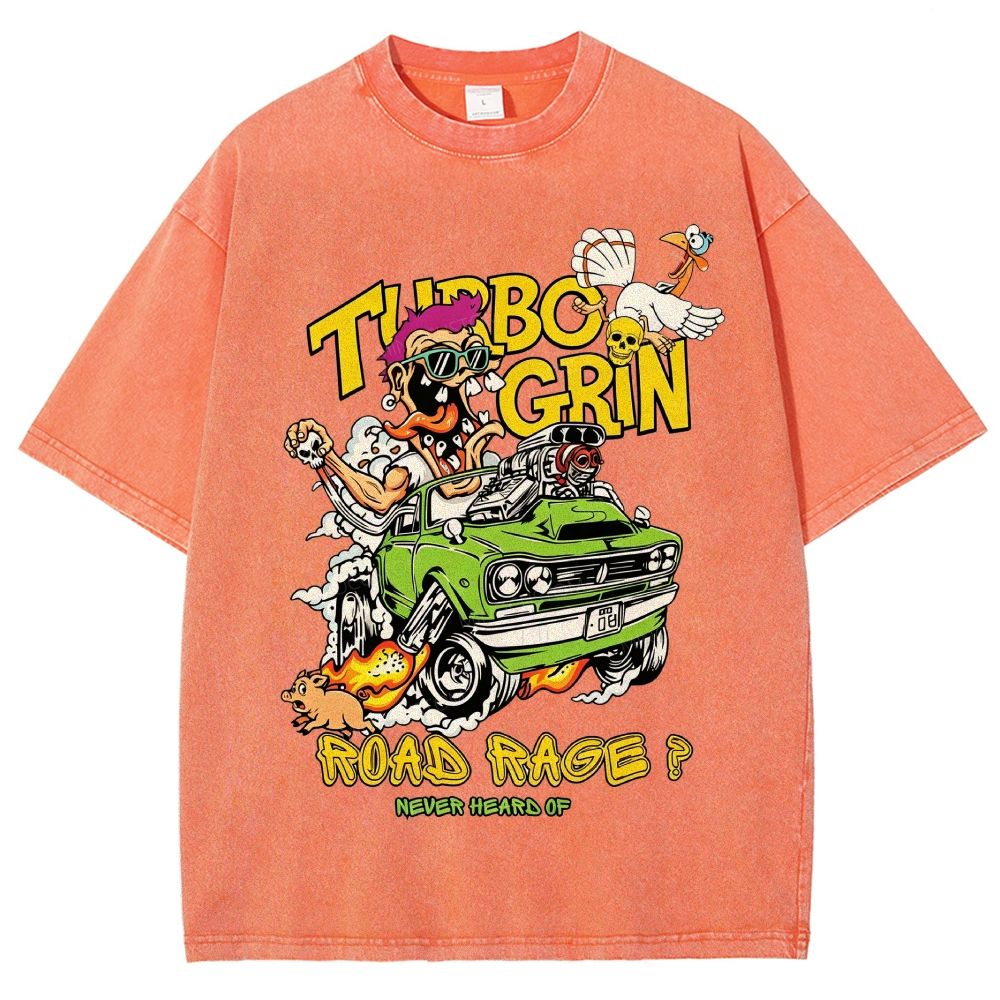 Wild Cartoon Driver Turbo Charged Muscle Car Funny Farm Unisex Fit Washed T-Shirt