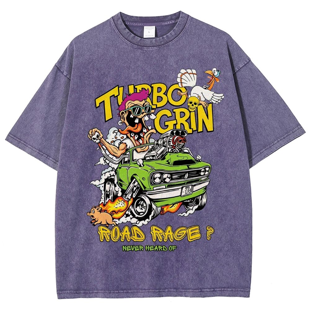 Wild Cartoon Driver Turbo Charged Muscle Car Funny Farm Unisex Fit Washed T-Shirt
